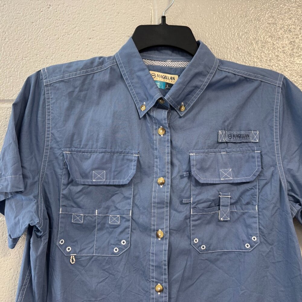 Magellan Mens Mag Release Fish Gear Short Sleeve Buttondown Shirt-Size Large